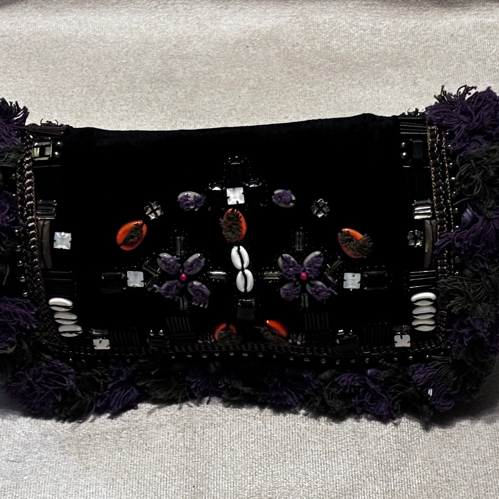 Blank Women Black Velvet Clutch with Fringe Sequins & Shells Accents